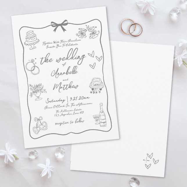 Convite Casamento Caprichoso Cinza Desenhado à Mão (Hand Drawn Gray Whimsical Wedding Invitation)