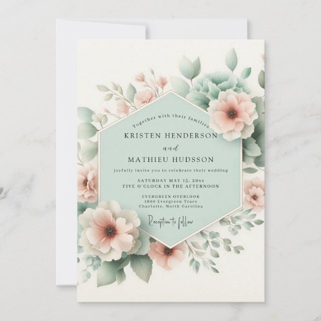 Convite Casamento Caprichoso com Flor de Pêssego Pastel (Frente)