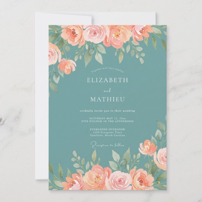 Convite Casamento Caprichoso com Flor de Pessegueiro Azul (Frente)