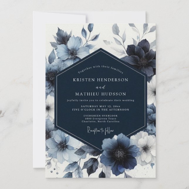 Convite Casamento Caprichoso com Floral Azul Marinho (Frente)