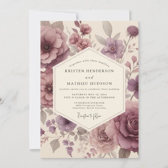 Convite Casamento Caprichoso com Floral Rosa Velho (Frente)