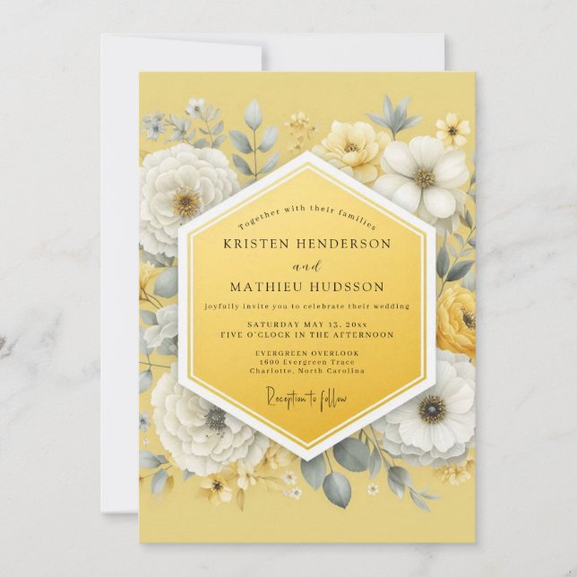 Convite Casamento Caprichoso com Flores Amarelas (Frente)
