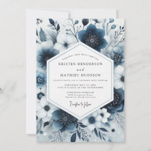 Convite Casamento Caprichoso com Flores Azuis-Navais