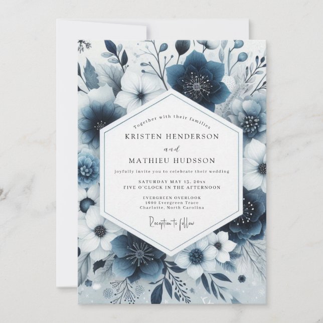 Convite Casamento Caprichoso com Flores Azuis-Navais (Frente)