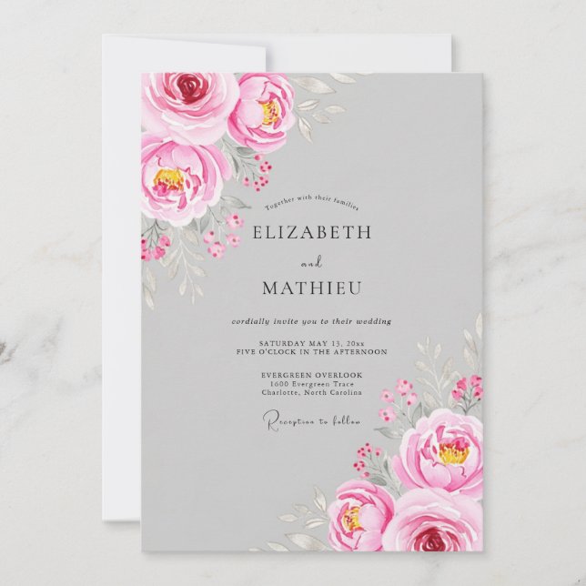 Convite Casamento Caprichoso com Flores Rosa (Frente)
