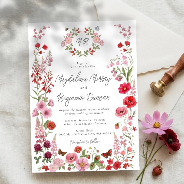 Convite Casamento Caprichoso com Flores Silvestres Vermelh (Criador carregado)
