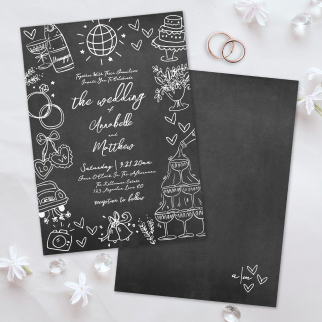 Convite Casamento Caprichoso com Quadro-Negro Desenhado à  (Hand Drawn Quirky Chalkboard Whimsical Wedding Invitation)