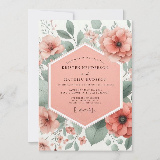 Convite Casamento Caprichoso Coral Bloom (Frente)