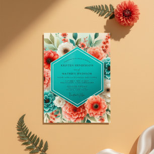 Convite Casamento Caprichoso de Coral Turquesa Floral