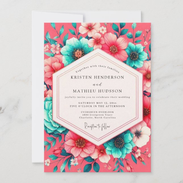 Convite Casamento Caprichoso de Flora Coral (Frente)