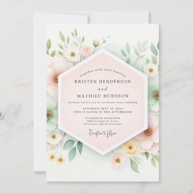 Convite Casamento Caprichoso de Floral Rosa Pálido (Frente)
