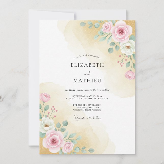 Convite Casamento Caprichoso de Floral Rosa Pálido (Frente)