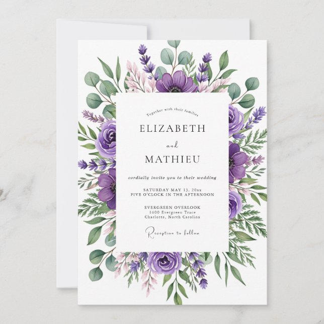 Convite Casamento Caprichoso de Floral Roxo (Frente)