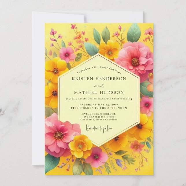 Convite Casamento Caprichoso de Flores Amarelas (Frente)