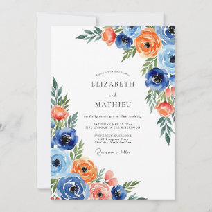 Convite Casamento Caprichoso de Flores Laranja Azul