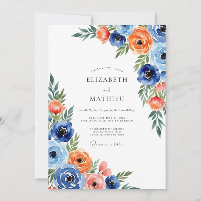 Convite Casamento Caprichoso de Flores Laranja Azul (Frente)