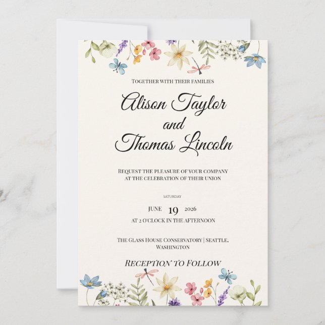 Convite Casamento Caprichoso de Flores Silvestres e Borbol (Frente)