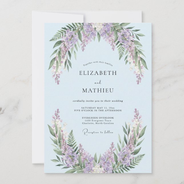 Convite Casamento Caprichoso de Gelo Azul com Wisteria (Frente)