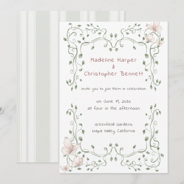 Convite Casamento Caprichoso de Jardim com Verde (Frente/Verso)