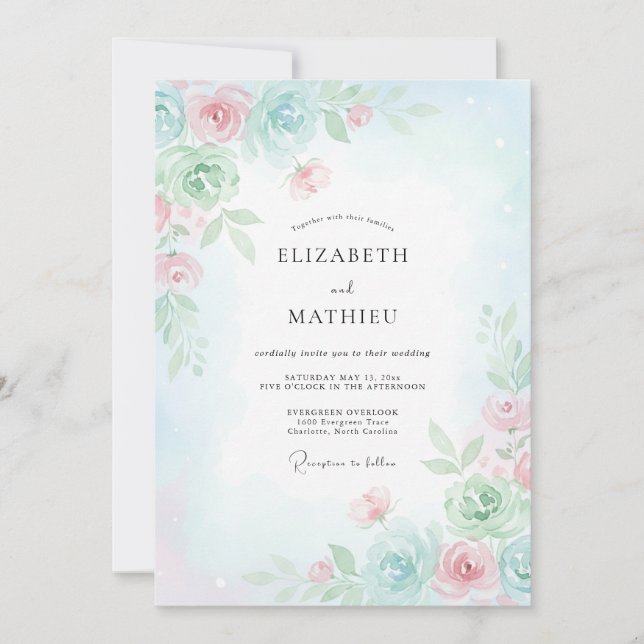 Convite Casamento Caprichoso de Primavera Azul Pálido (Frente)