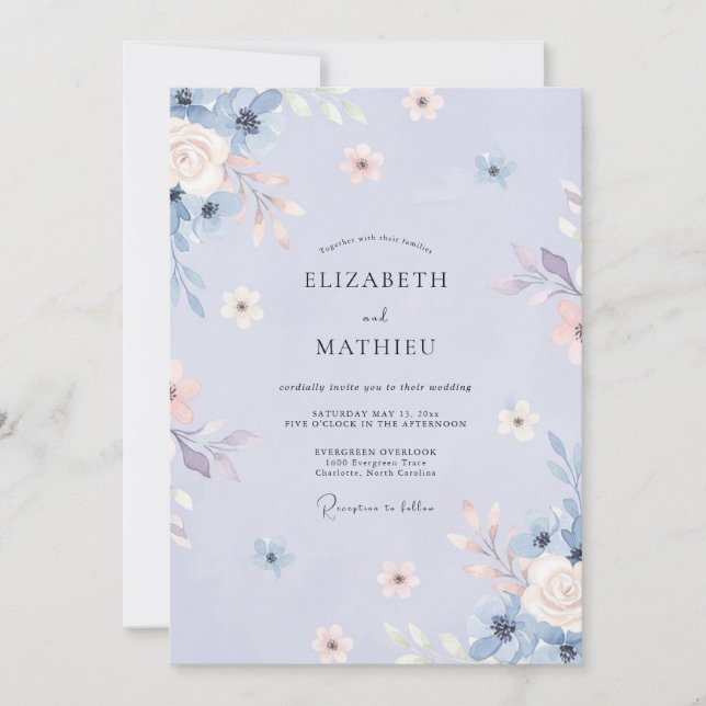 Convite Casamento Caprichoso de Primavera com Azul-Malhada (Frente)