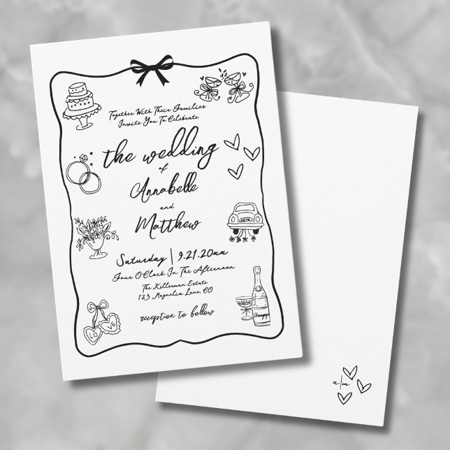 Convite Casamento Caprichoso Desenhado à Mão (Whimsical Hand Drawn Quirky Wedding Invitation)