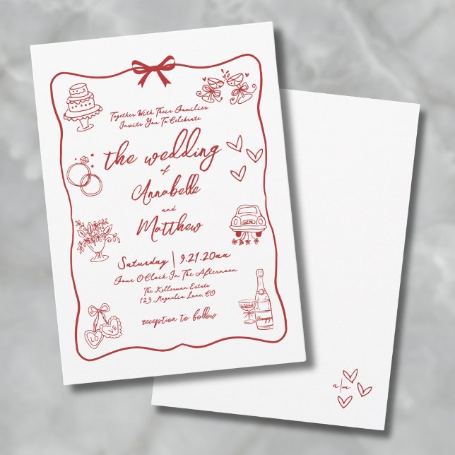 Convite Casamento Caprichoso Desenhado à Mão Vermelho (Hand Drawn Red Whimsical Wedding Invitation)