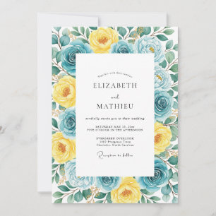 Convite Casamento Caprichoso em Aquarela Amarela e Azul