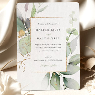 Convite Casamento Caprichoso em Aquarela Verde e Dourado