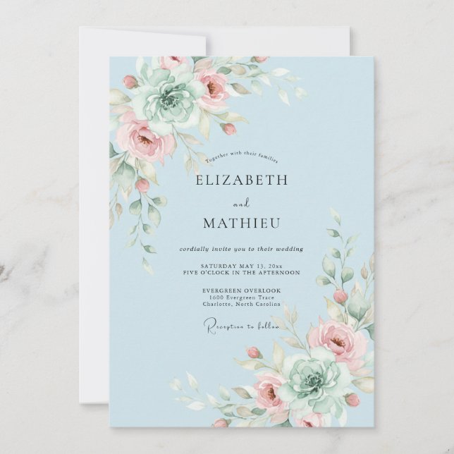Convite Casamento Caprichoso Flor de Azul Céu (Frente)