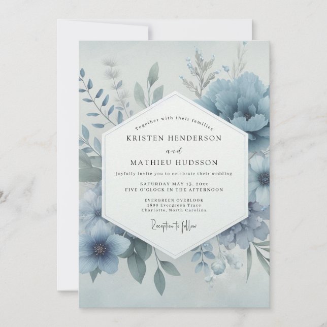Convite Casamento Caprichoso Flor de Azul Poeirento (Frente)
