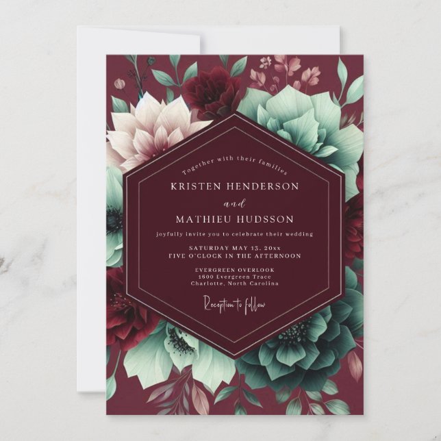 Convite Casamento Caprichoso Flor de Borgonha (Frente)