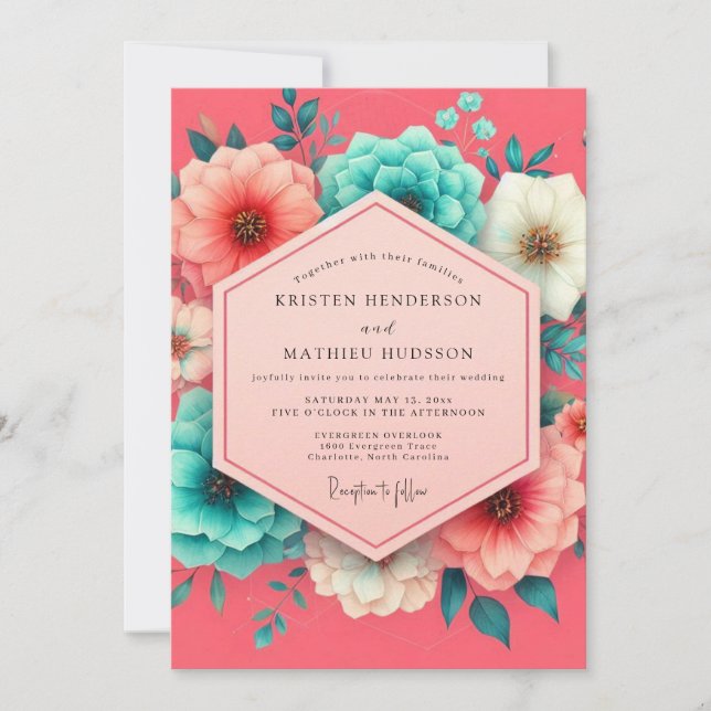 Convite Casamento Caprichoso Flor de Coral (Frente)