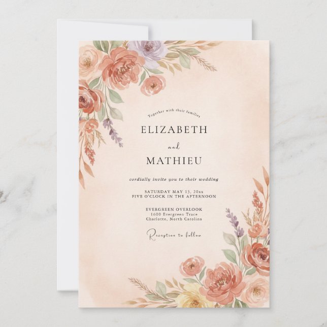 Convite Casamento Caprichoso Flor de Pêssego (Frente)
