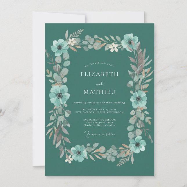 Convite Casamento Caprichoso Flor de Teal (Frente)