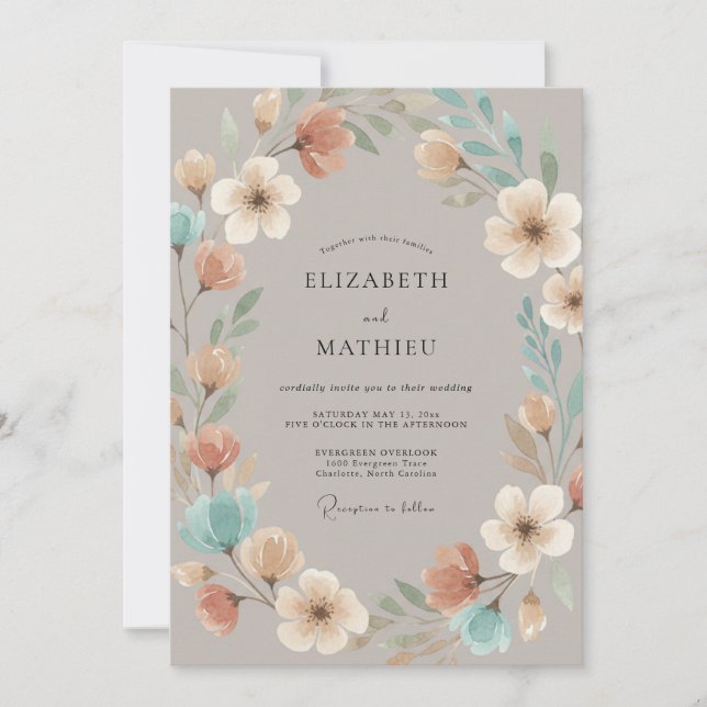 Convite Casamento Caprichoso Flor Taupe (Frente)