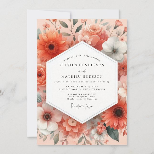 Convite Casamento Caprichoso Flora Coral (Frente)