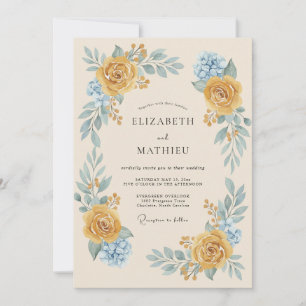 Convite Casamento Caprichoso Floral Amarelo Dourado