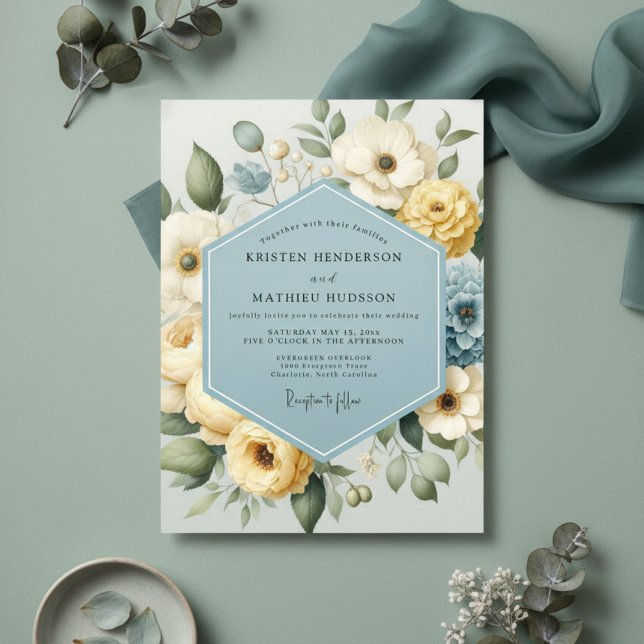 Convite Casamento Caprichoso Floral Amarelo Pálido (Criador carregado)