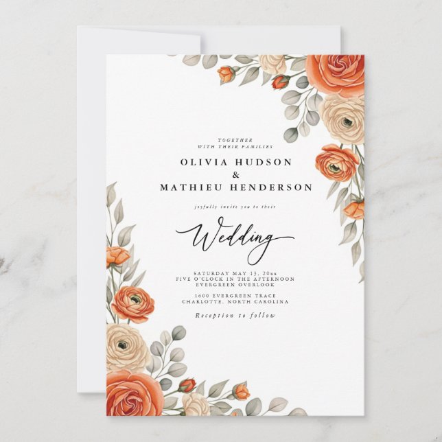 Convite Casamento Caprichoso Floral Âmbar (Frente)