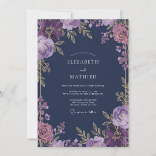 Convite Casamento Caprichoso Floral Ameixa Profunda