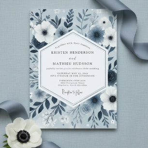 Convite Casamento Caprichoso Floral Azul Ardósia