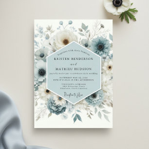Convite Casamento Caprichoso Floral Azul Ardósia