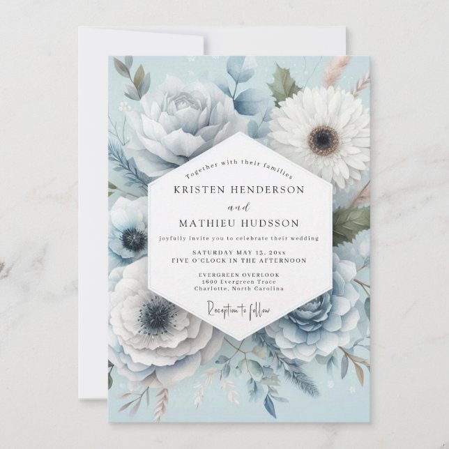 Convite Casamento Caprichoso Floral Azul Claro (Frente)