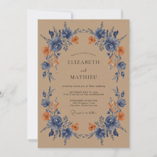 Convite Casamento Caprichoso Floral Azul Empoeirado