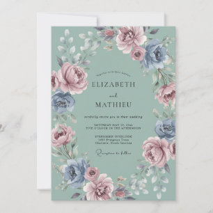 Convite Casamento Caprichoso Floral Azul Empoeirado