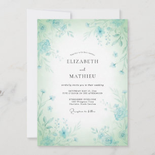 Convite Casamento Caprichoso Floral Azul Hortelã