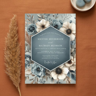 Convite Casamento Caprichoso Floral Azul Pizarra