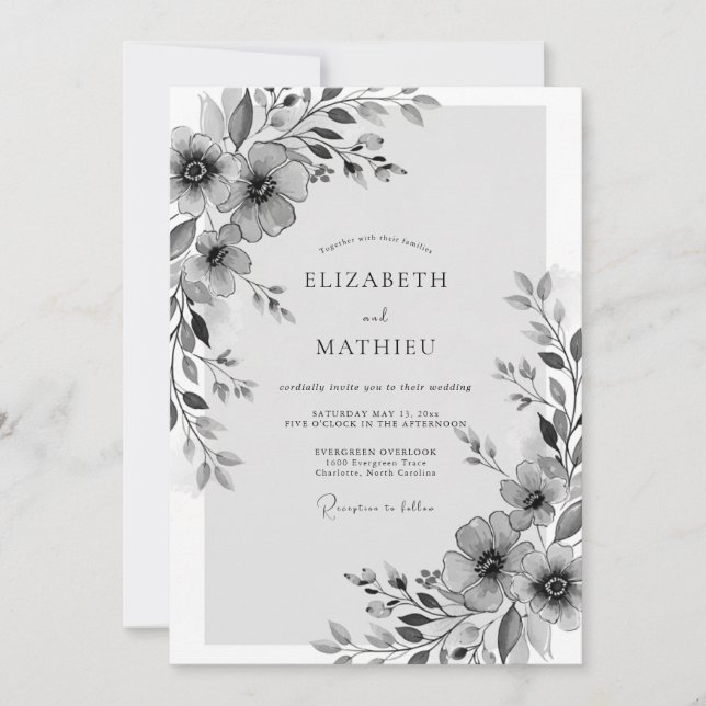 Convite Casamento Caprichoso Floral Cinza (Frente)