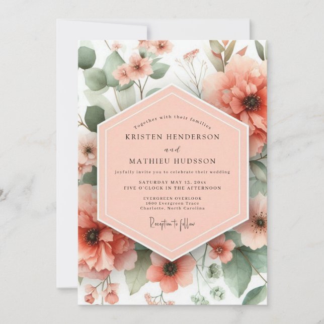 Convite Casamento Caprichoso Floral Coral (Frente)